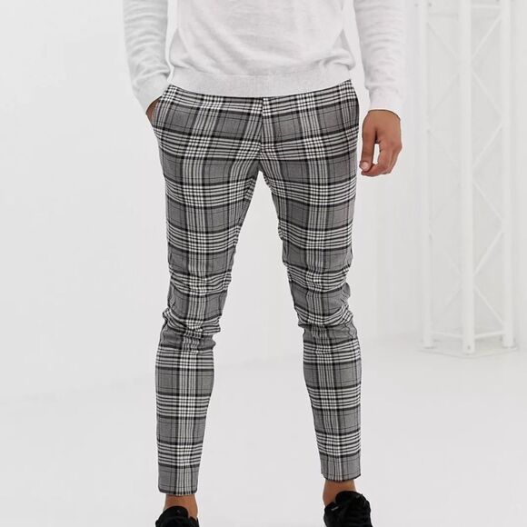 River Island super skinny fit smart pants in gray check W32XL32 NWT in packaging - Picture 1 of 11